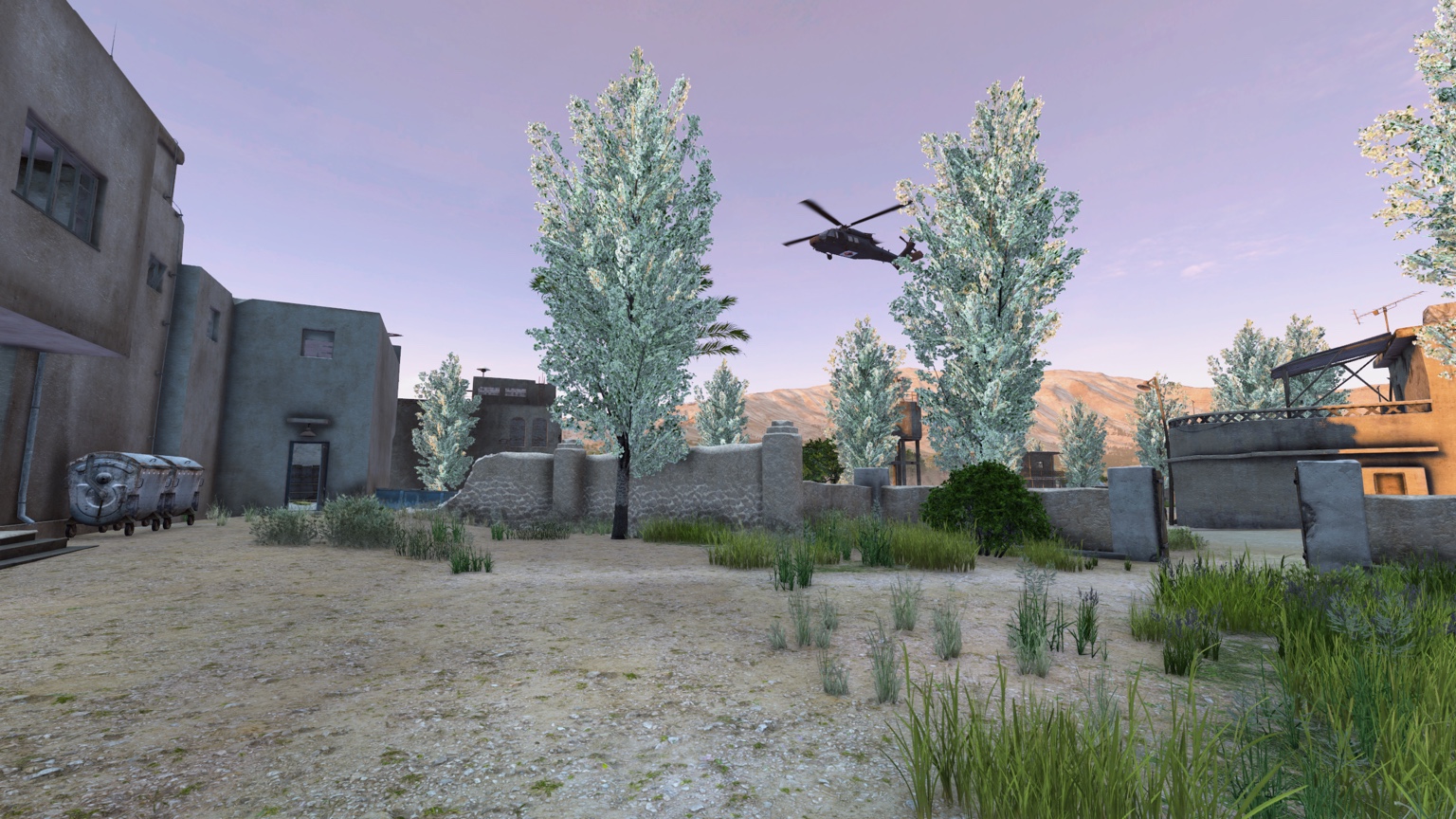A helicopter over a settlement on Bluest Badlands