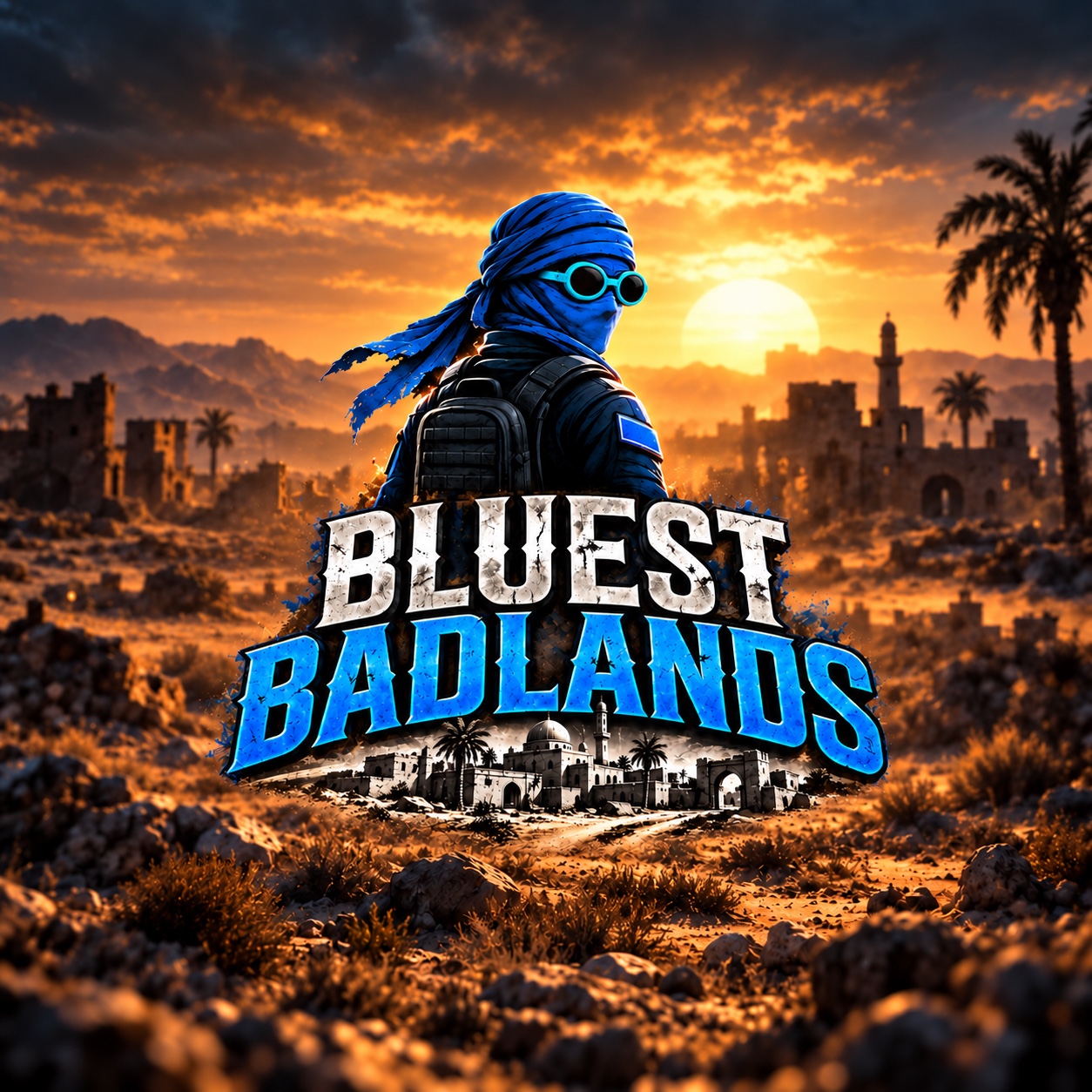 Bluest Badlands artwork with a blue-scarfed survivor above a desert town at sunset